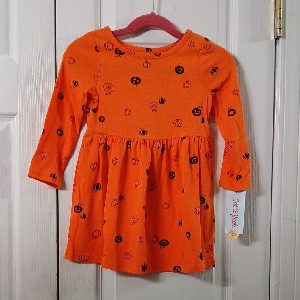 Cat & Jack orange long sleeve Halloween pumpkin jack o lantern dress  Sz…